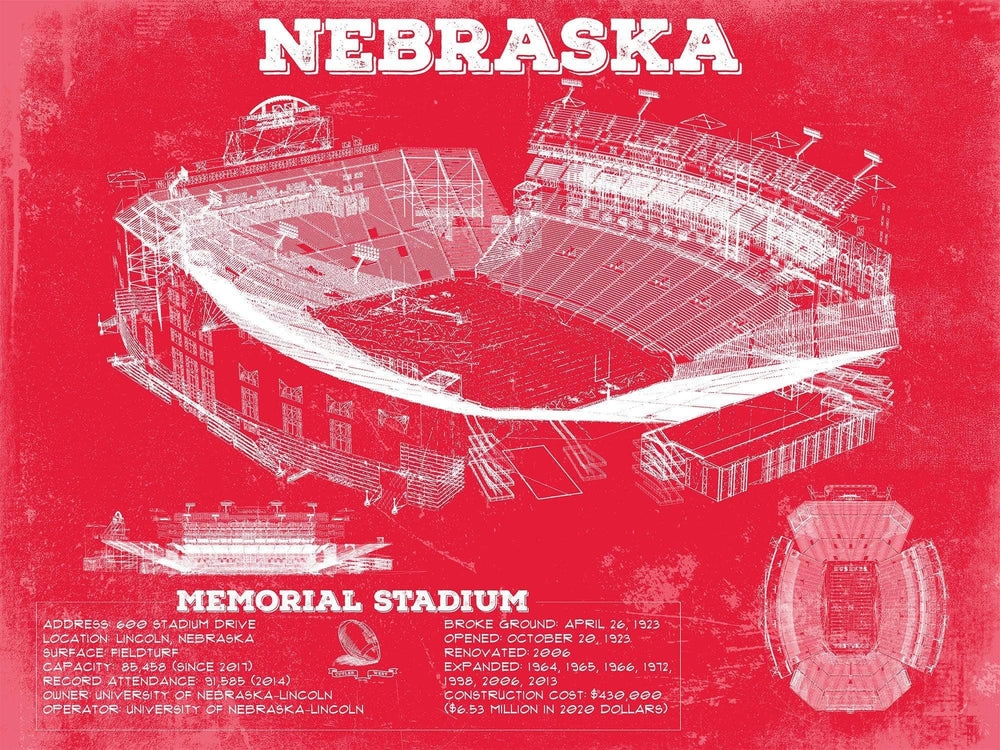 14" x 11" / Stretched Canvas Wrap Cutler West Nebraska Cornhuskers - Vintage Memorial Stadium (Lincoln) Art Print