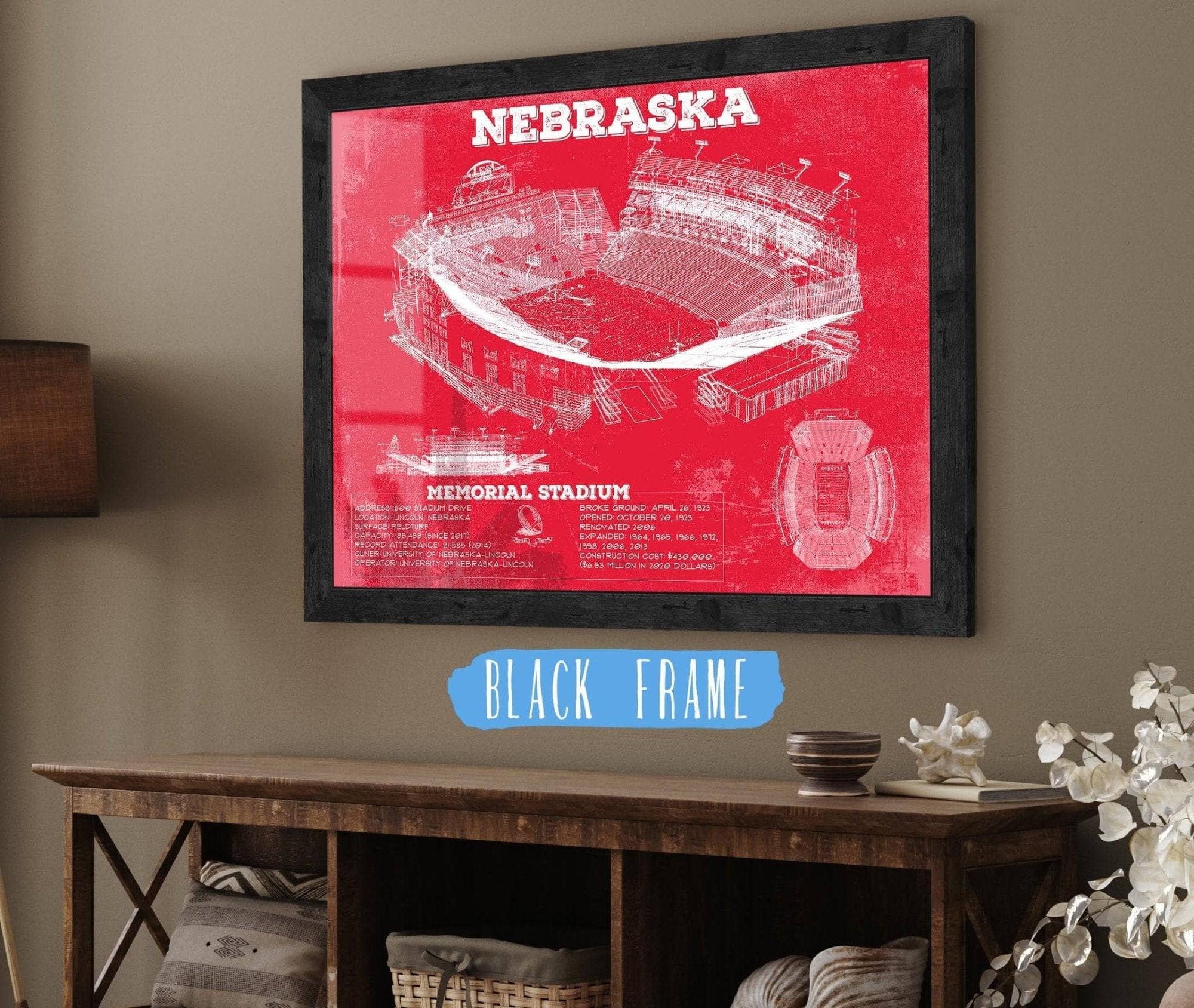 20" x 16" / Black Frame Cutler West Nebraska Cornhuskers - Vintage Memorial Stadium (Lincoln) Art Print
