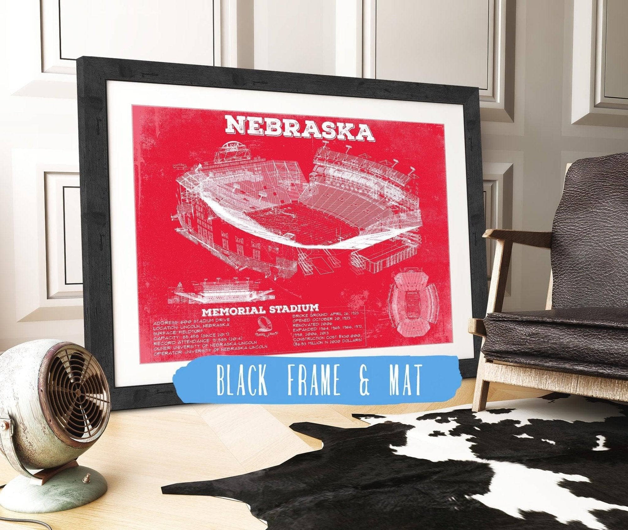 20" x 16" / Black Frame & Mat Cutler West Nebraska Cornhuskers - Vintage Memorial Stadium (Lincoln) Art Print