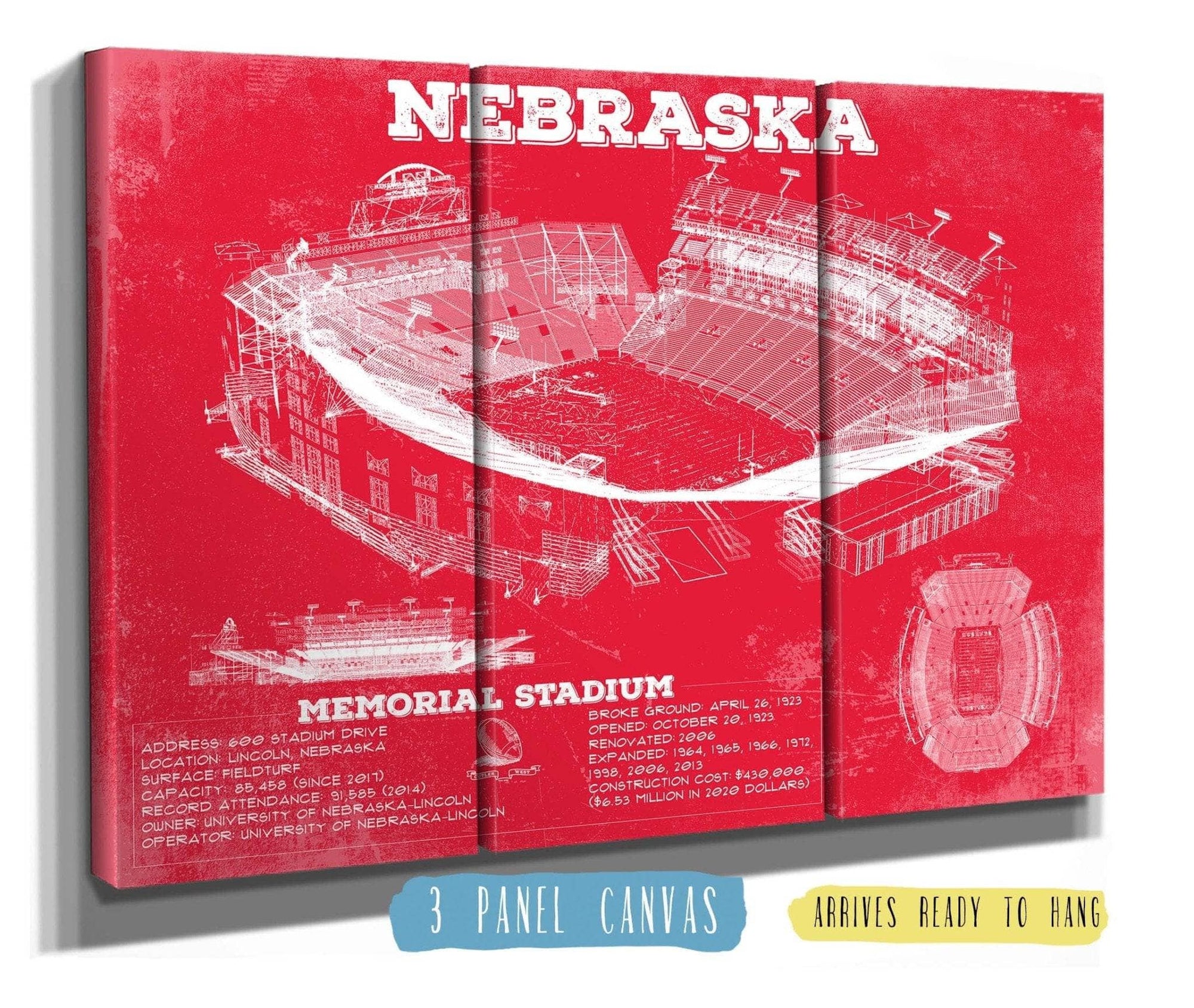 36" x 24" / 3 Panel Canvas Wrap Cutler West Nebraska Cornhuskers - Vintage Memorial Stadium (Lincoln) Art Print