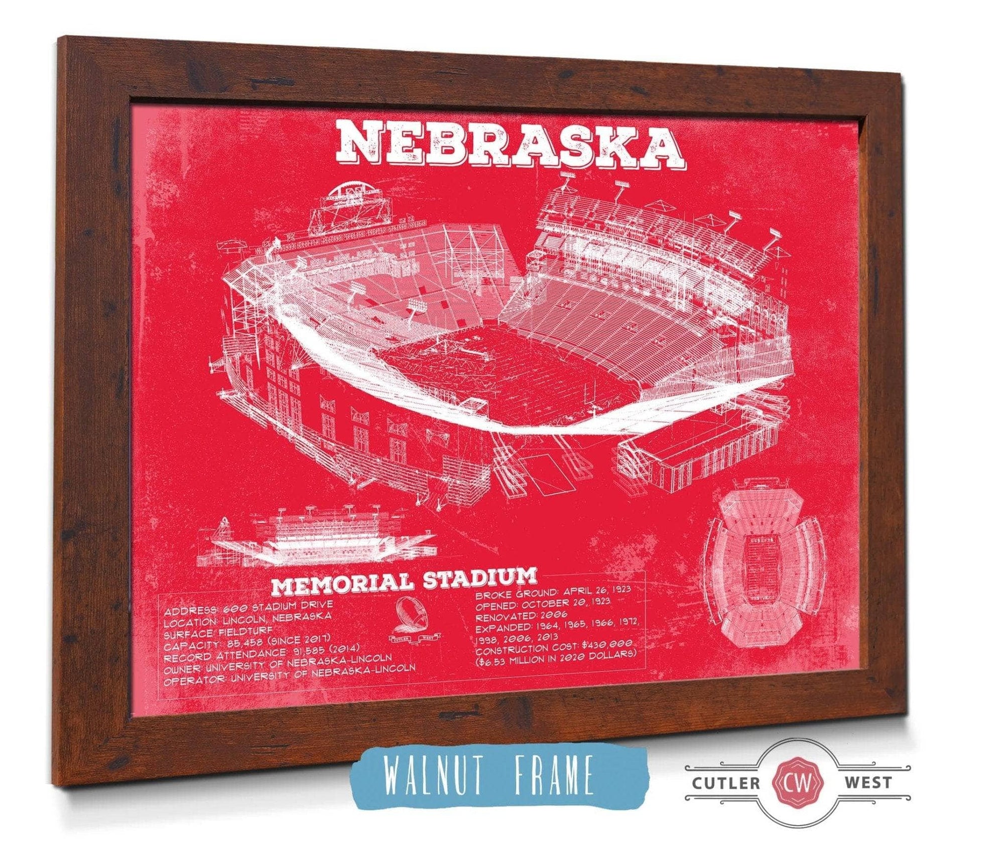 Cutler West College Football Collection 14" x 11" / Walnut Frame Nebraska Cornhuskers - Vintage Memorial Stadium (Lincoln) Art Print 933350118