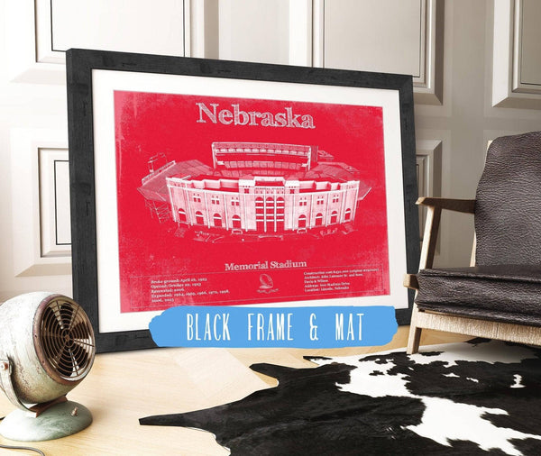 20" x 16" / Black Frame & Mat Cutler West Nebraska Cornhuskers - Vintage Memorial Stadium (Lincoln) Team Colors Art Print