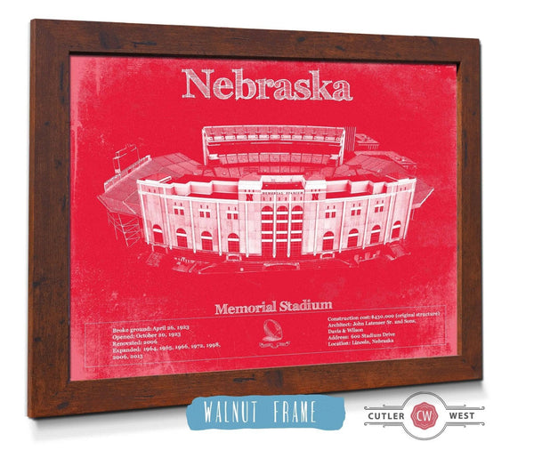 20" x 16" / Walnut Frame Cutler West Nebraska Cornhuskers - Vintage Memorial Stadium (Lincoln) Team Colors Art Print