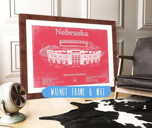 20" x 16" / Walnut Frame & Mat Cutler West Nebraska Cornhuskers - Vintage Memorial Stadium (Lincoln) Team Colors Art Print