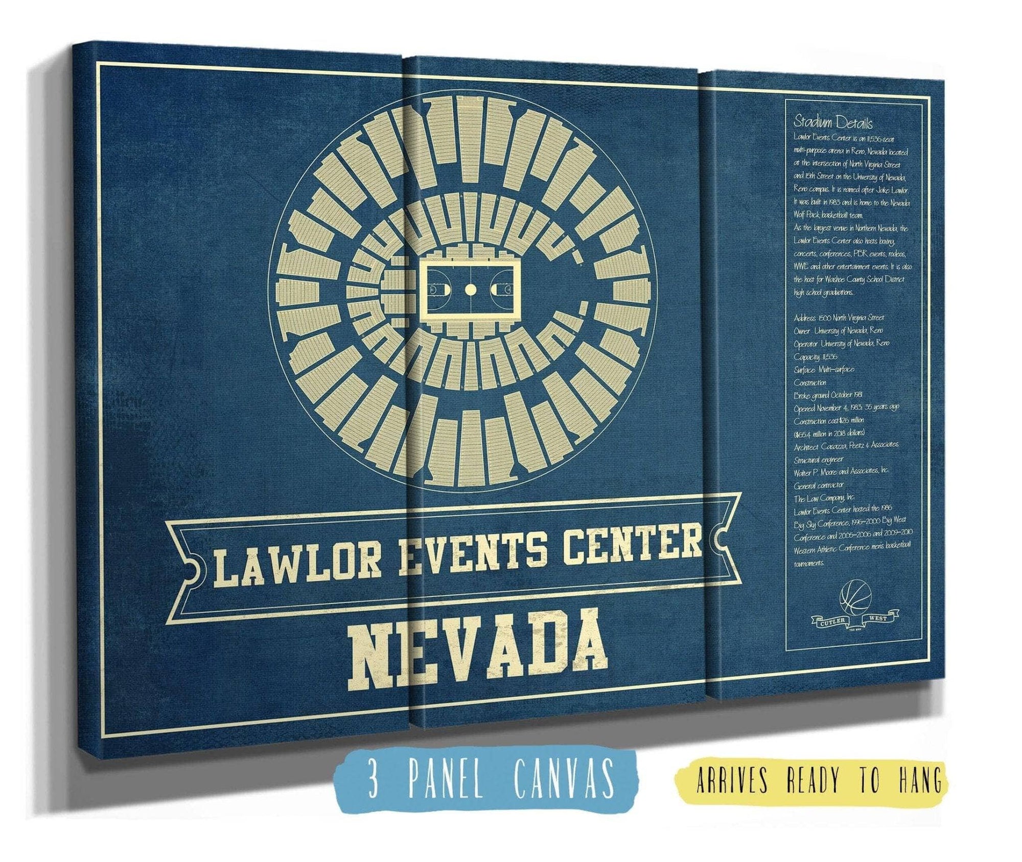 Cutler West Basketball Collection 48" x 32" / 3 Panel Canvas Wrap Lawlor Events Center Nevada Wolf Pack NCAA College Basketball Blueprint Art 93335022484466