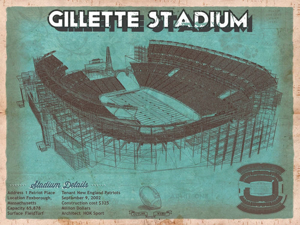 14" x 11" / Unframed Cutler West New England Patriots Gillette Stadium Seating Chart - Vintage Football Team Color Print