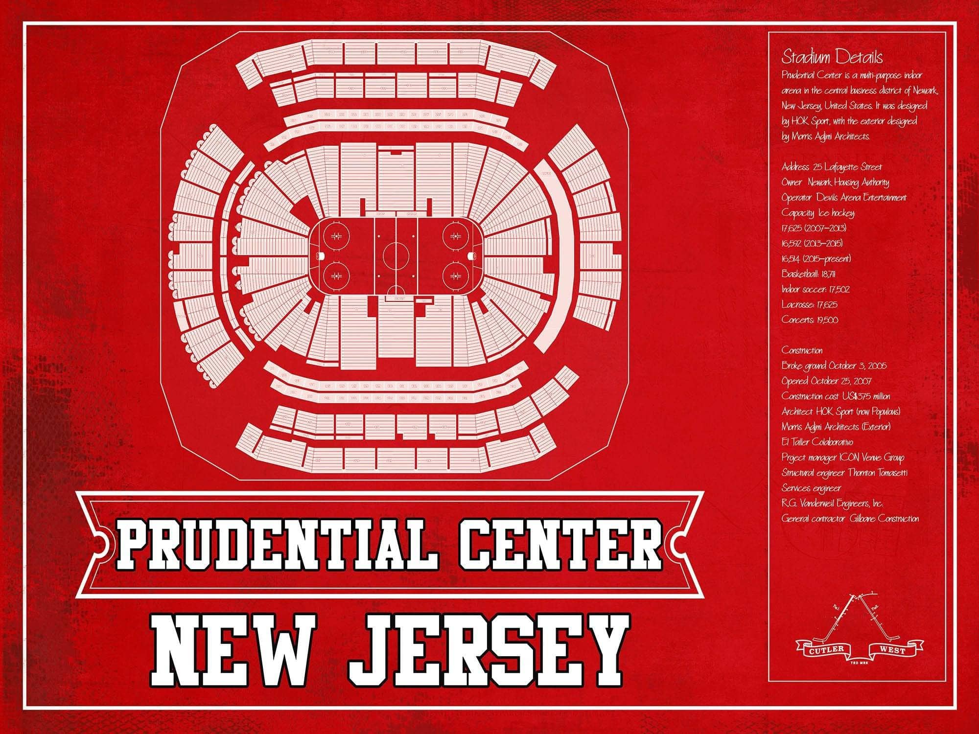 Cutler West 14" x 11" / Unframed New Jersey Devils Team Colors Prudential Center Vintage Hockey Print 933350200_80325