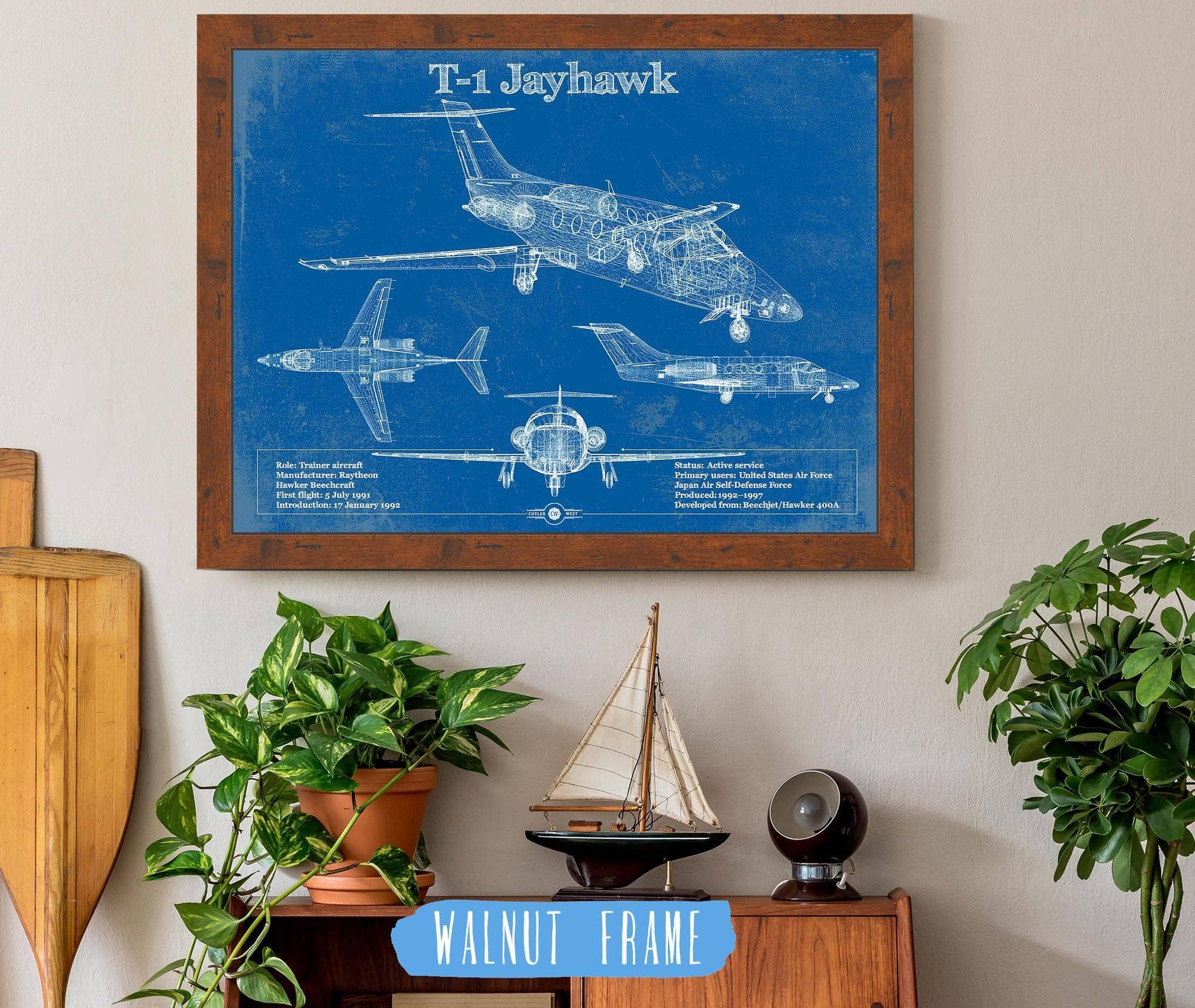 Cutler West Military Aircraft 14" x 11" / Walnut Frame T-1 Jayhawk Vintage Blueprint Coffee Cup 912345686_18397