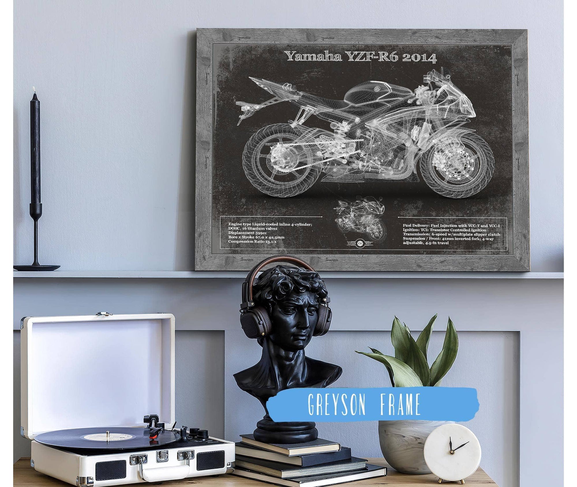 Cutler West 14" x 11" / Greyson Frame Yamaha YZF-R6 2014 Blueprint Motorcycle Patent Print 845000204-14"-x-11"7130