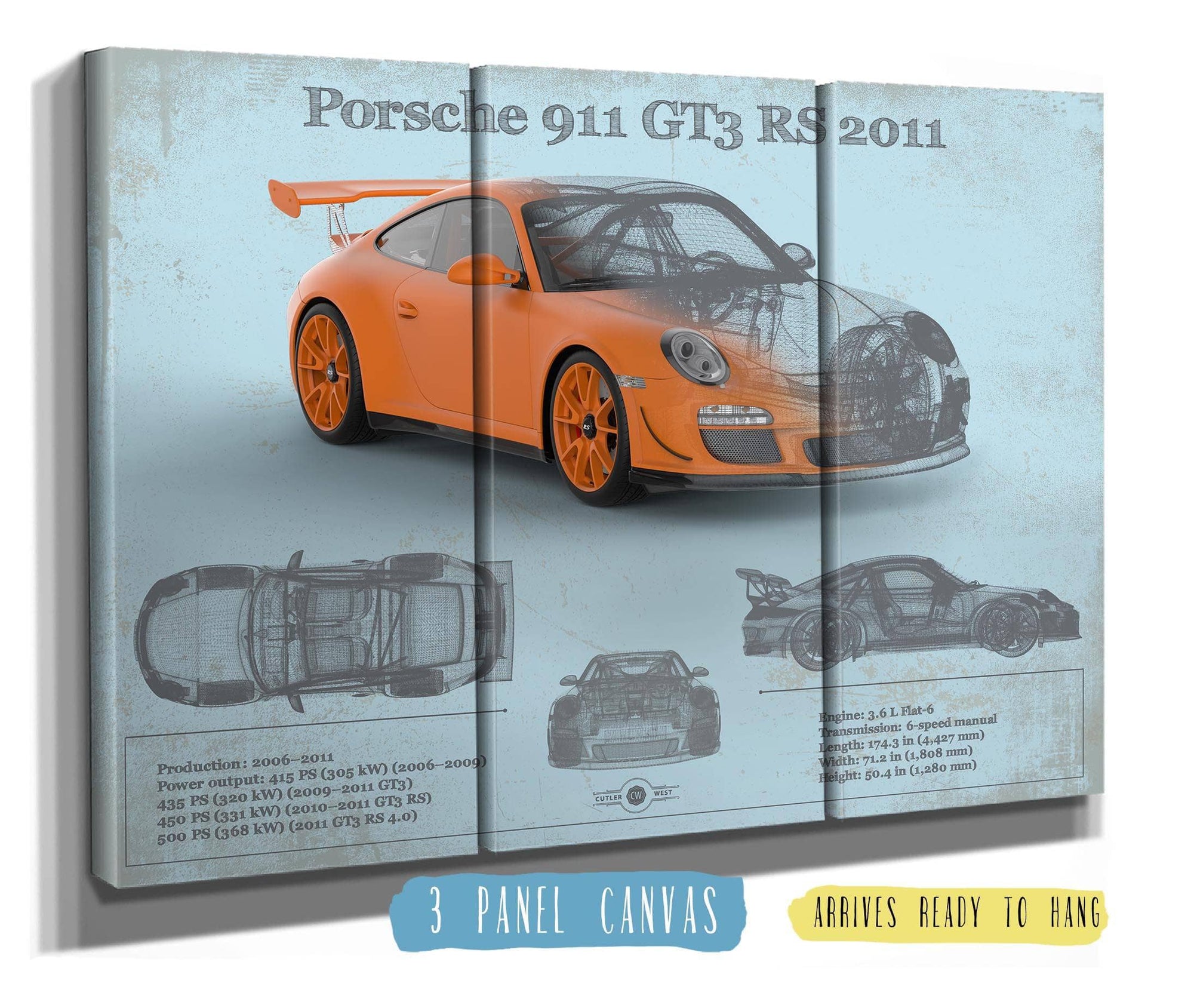 Cutler West Porsche Collection 48" x 32" / 3 Panel Canvas Wrap Porsche 911 GT3 RS 2011 Vintage Sports Car Print 845000307_19368