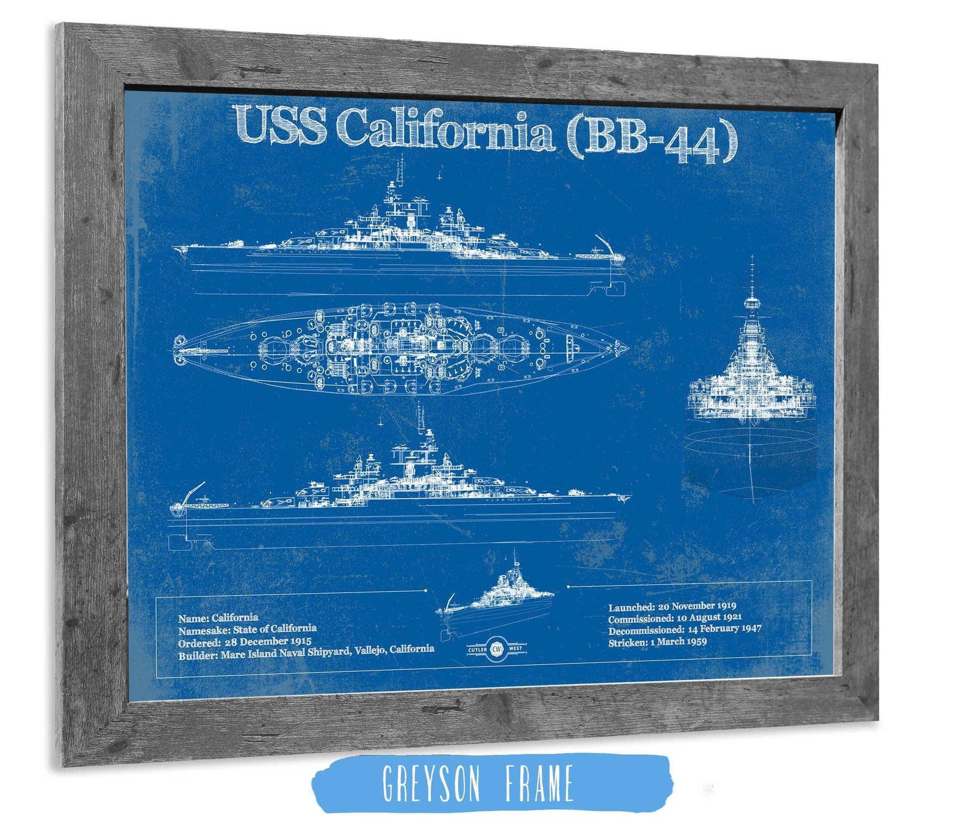 Cutler West Naval Military 14" x 11" / Greyson Frame USS California (BB-44) Blueprint Original Military Wall Art - Customizable 93331100212_25463
