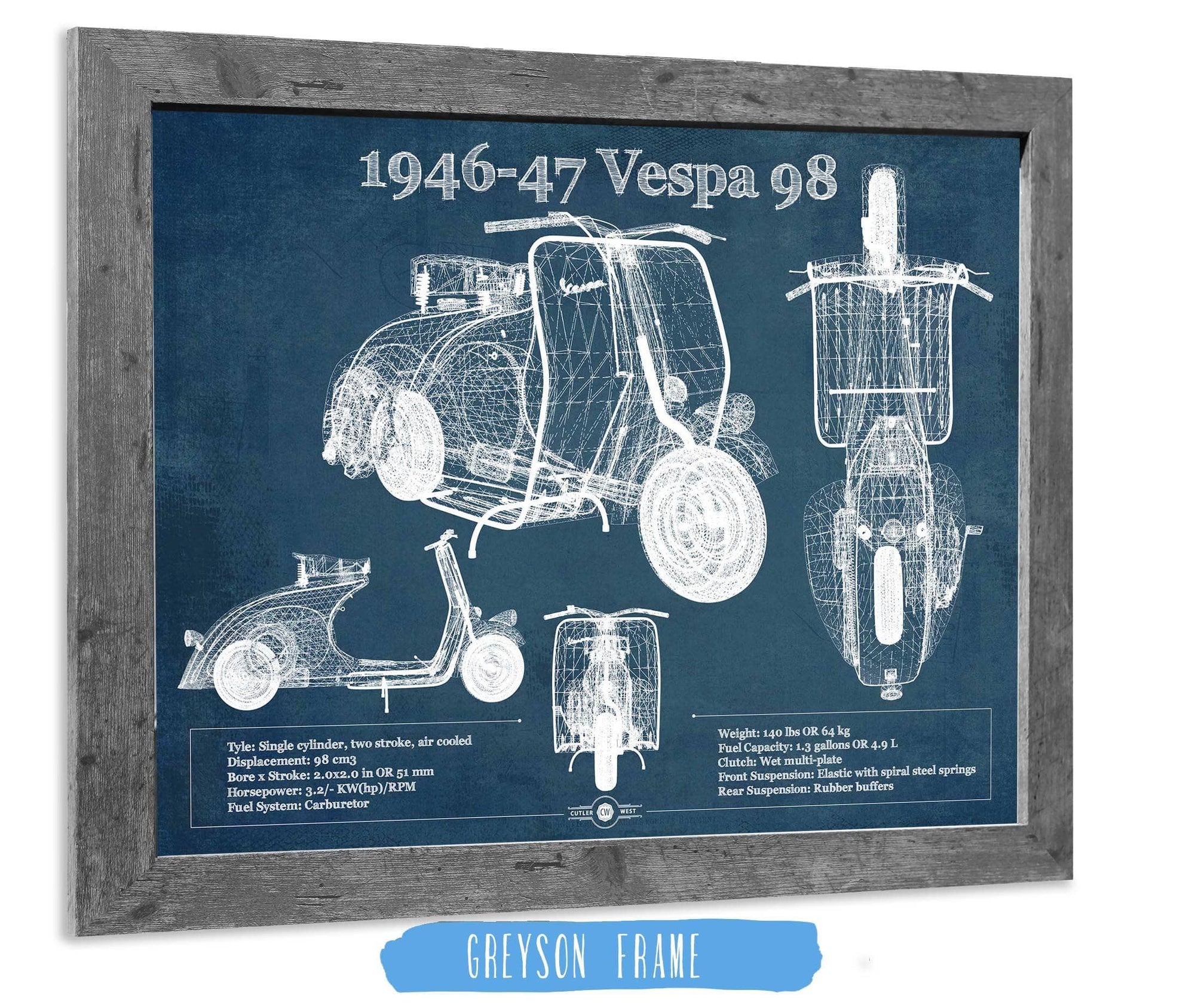 Cutler West Vehicle Collection 1946-47 Vespa 98 Vintage Blueprint Auto Print
