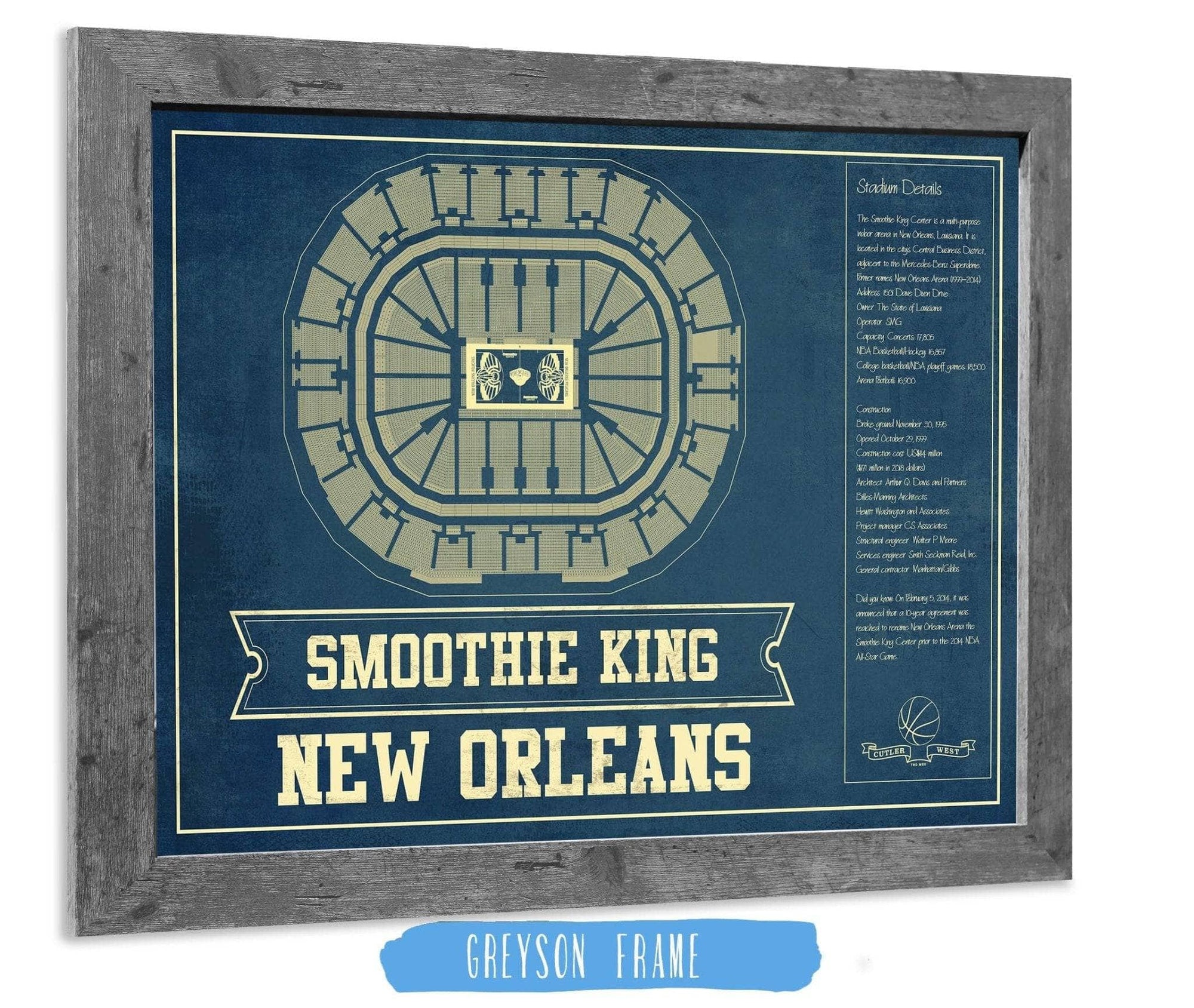 Cutler West Basketball Collection 14" x 11" / Greyson Frame New Orleans Pelicans Smoothie King Center Vintage Basketball Blueprint NBA Print 933350170_77032