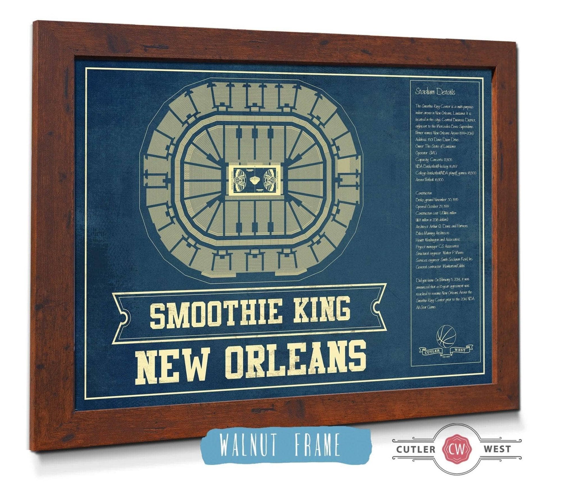 Cutler West Basketball Collection 14" x 11" / Walnut Frame New Orleans Pelicans Smoothie King Center Vintage Basketball Blueprint NBA Print 933350170_77028