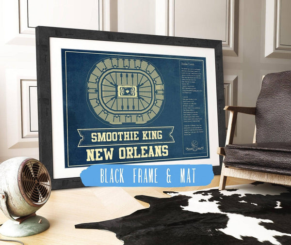 14" x 11" / Black Frame Mat Cutler West New Orleans Pelicans Smoothie King Center Vintage Basketball Blueprint NBA Print