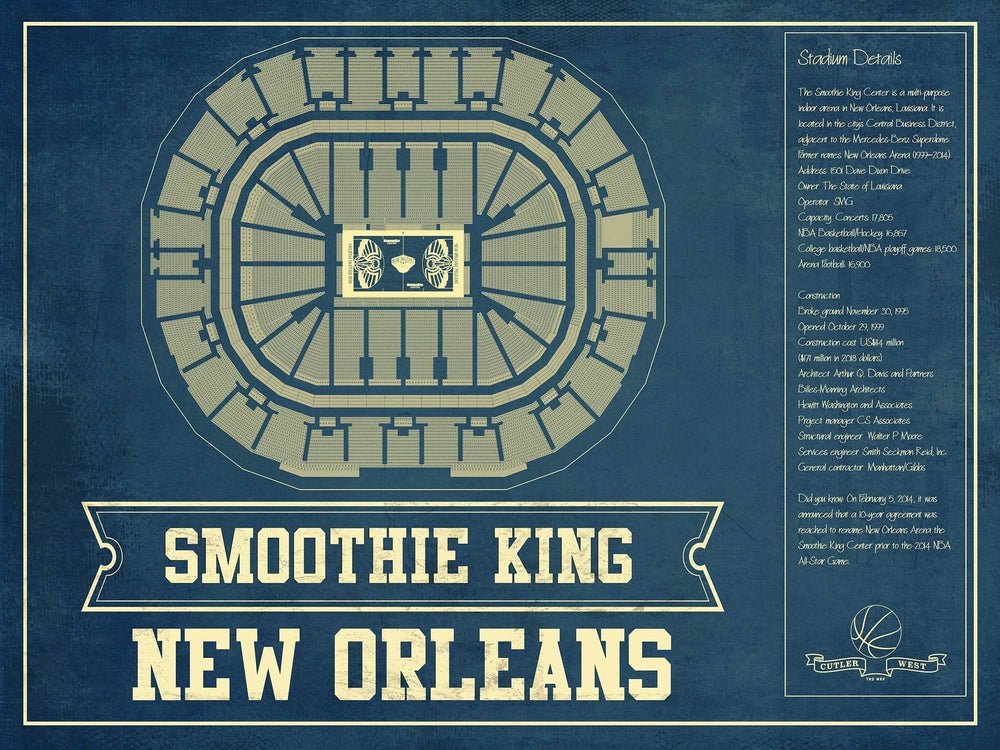 14" x 11" / Stretched Canvas Wrap Cutler West New Orleans Pelicans Smoothie King Center Vintage Basketball Blueprint NBA Print