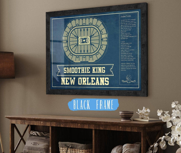 20" x 16" / Black Frame Cutler West New Orleans Pelicans Smoothie King Center Vintage Basketball Blueprint NBA Print
