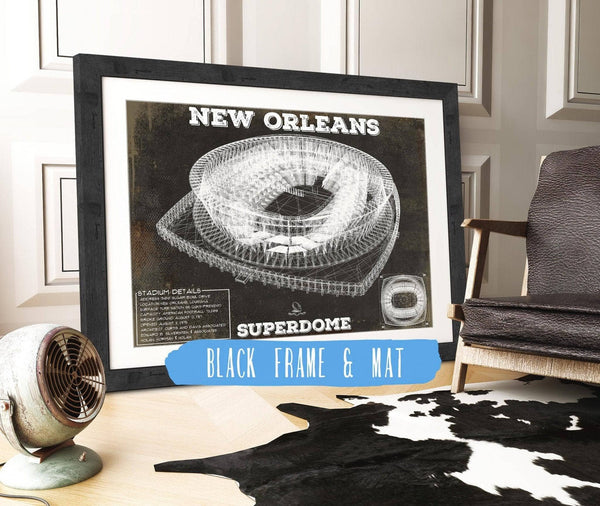 20" x 16" / Black Frame & Mat Cutler West New Orleans Saints Superdome Seating Chart - Vintage Football Print