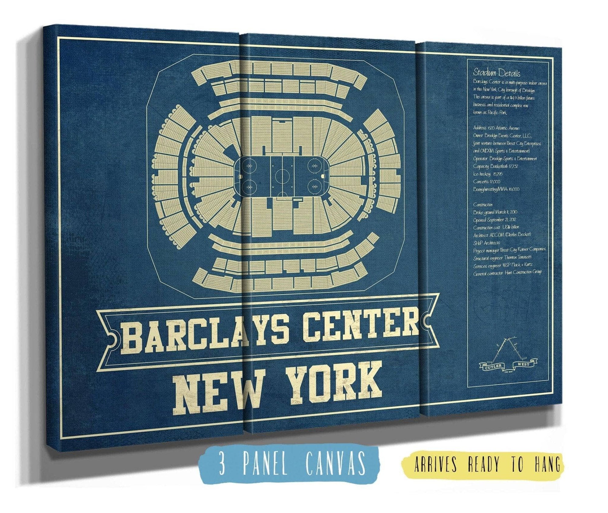 48" x 36" / 3 Panel Canvas Wrap Cutler West New York Islanders Barclays Center NHL Vintage Hockey Print