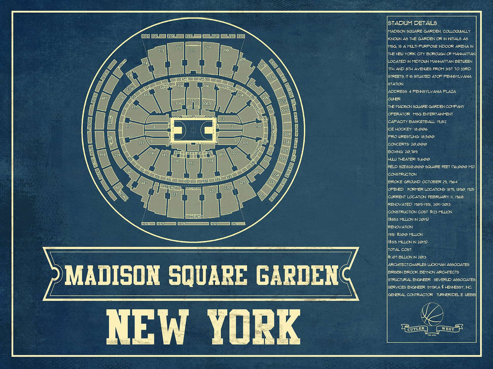 14" x 11" / Stretched Canvas Wrap Cutler West New York Knicks - Madison Square Garden Vintage Blueprint NBA Basketball NBA Print