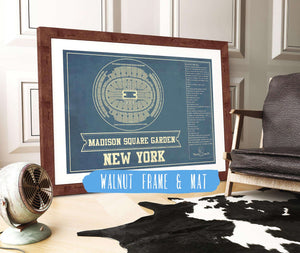 20" x 16" / Walnut Frame & Mat Cutler West New York Knicks - Madison Square Garden Vintage Blueprint NBA Basketball NBA Print