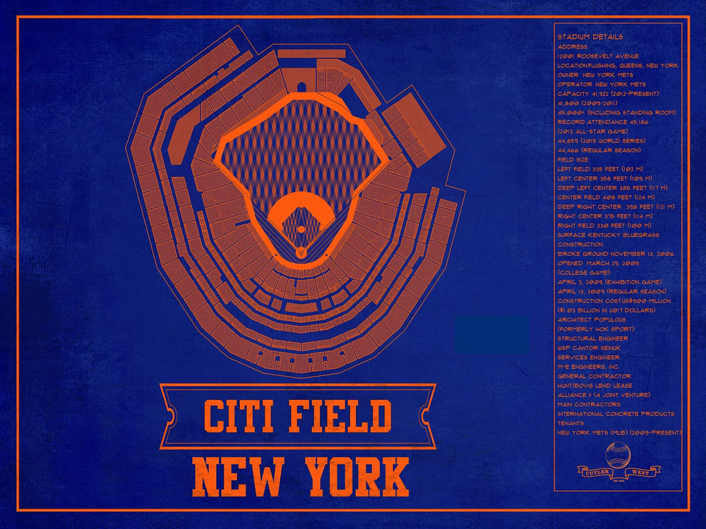 14" x 11" / Stretched Canvas Wrap Cutler West New York Mets - Citi Field Vintage Seating Chart Baseball Print