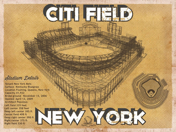14" x 11" / Unframed Cutler West New York Mets Citi Field Vintage Seating Chart Baseball Print