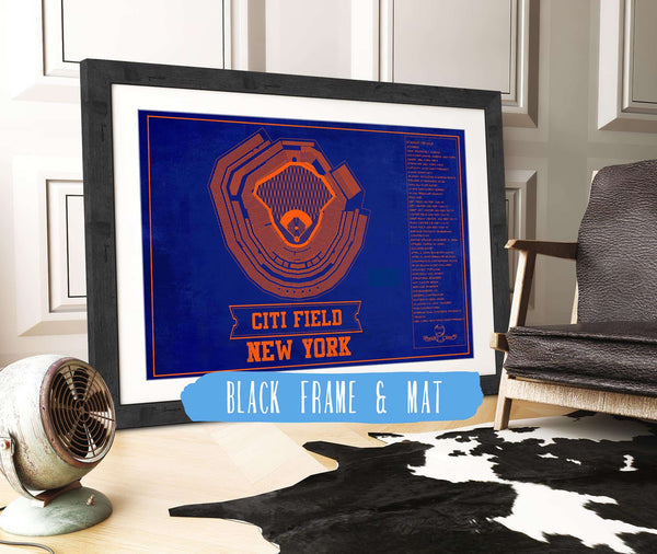 20" x 16" / Black Frame & Mat Cutler West New York Mets - Citi Field Vintage Seating Chart Baseball Print