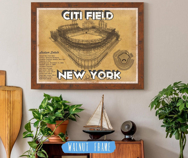 20" x 16" / Walnut Frame Cutler West New York Mets Citi Field Vintage Seating Chart Baseball Print