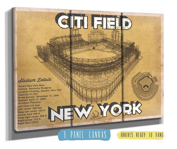 36" x 24" / 3 Panel Canvas Wrap Cutler West New York Mets Citi Field Vintage Seating Chart Baseball Print