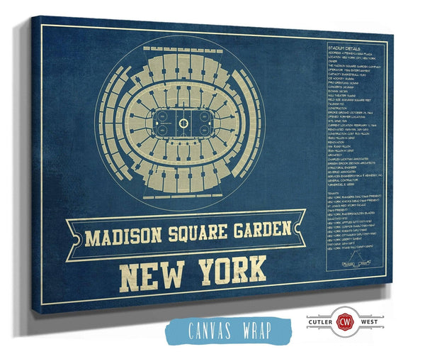 36" x 24" / 3 Panel Canvas Wrap Cutler West New York Rangers Madison Square Garden Seating Chart - Vintage Hockey Print