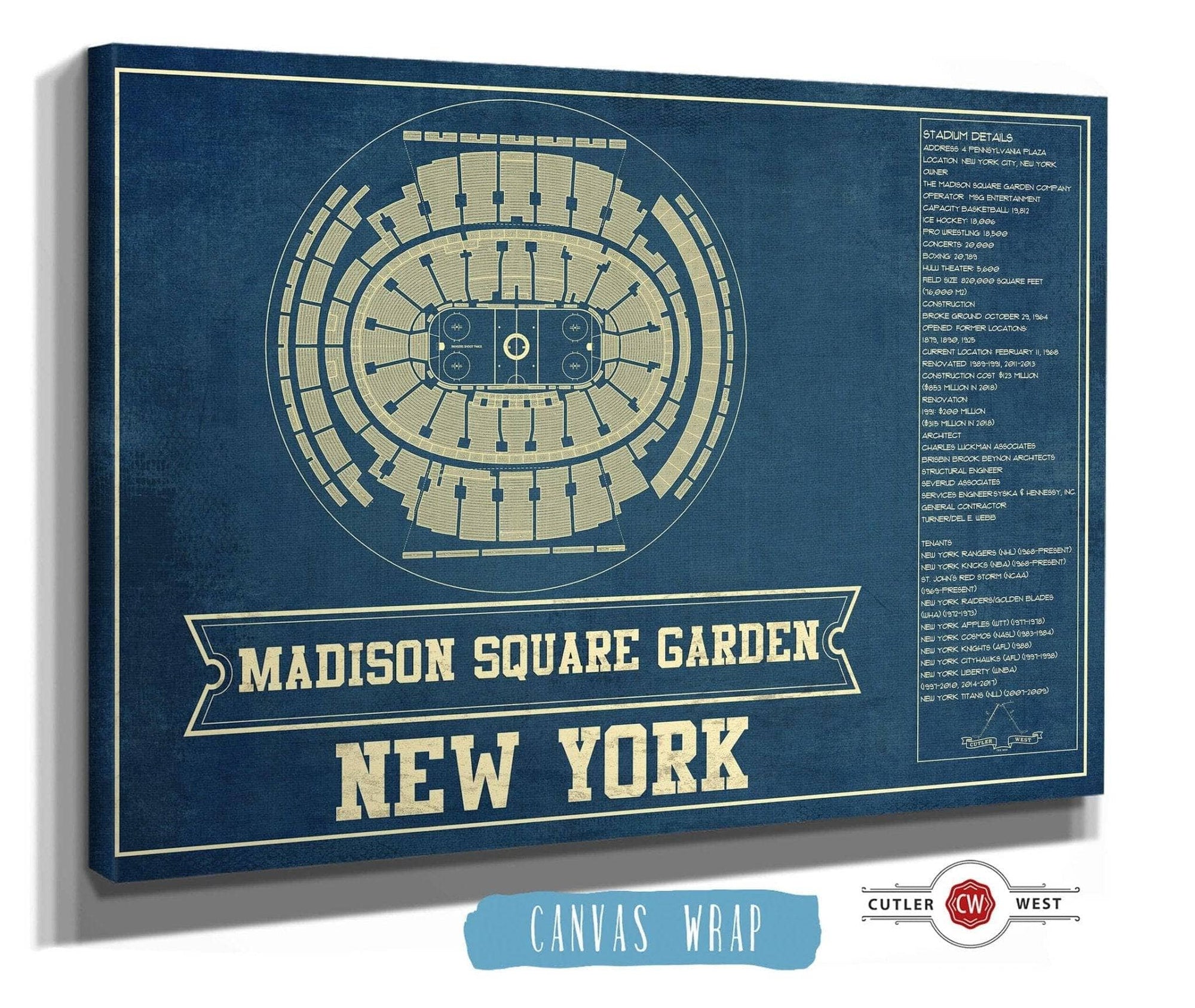 Cutler West 14" x 11" / Stretched Canvas Wrap New York Rangers Madison Square Garden Seating Chart - Vintage Hockey Print 662058335-TOP