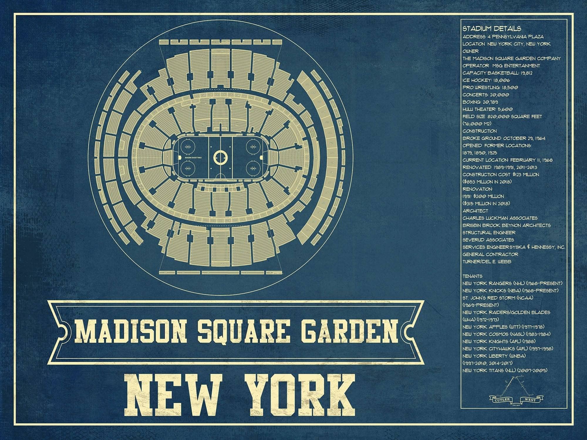 Cutler West 14" x 11" / Unframed New York Rangers Madison Square Garden Seating Chart - Vintage Hockey Print 662058335-TOP