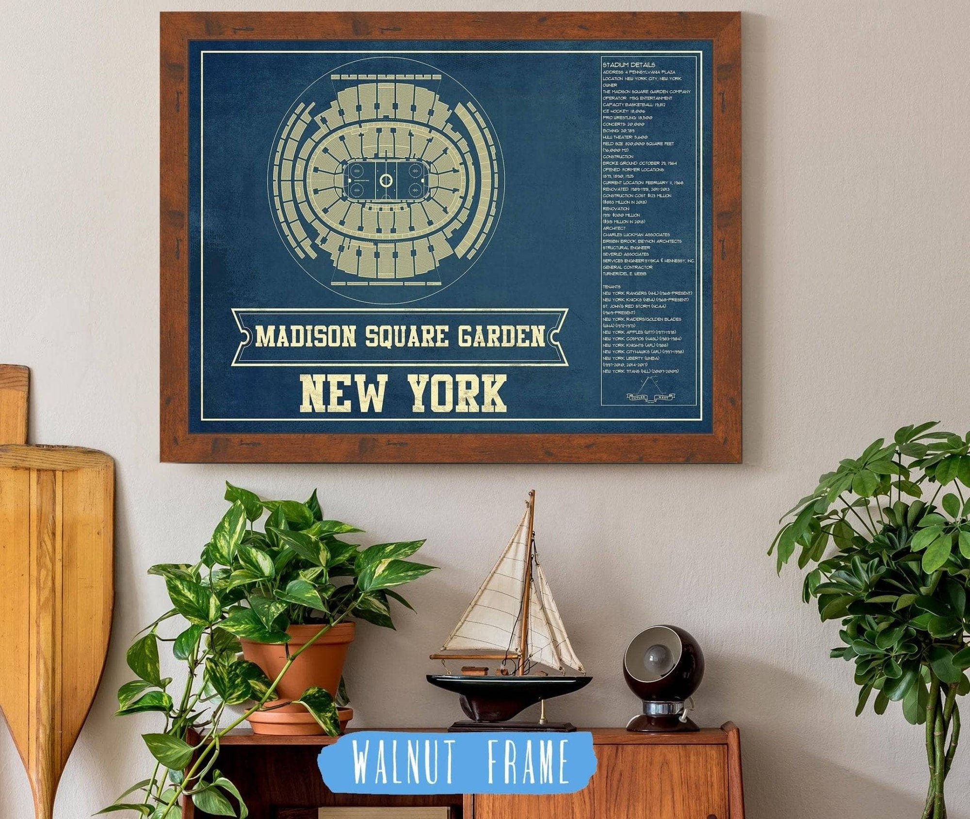 Cutler West 14" x 11" / Walnut Frame New York Rangers - Madison Square Garden Vintage Hockey Blueprint NHL Print 662058335-TOP