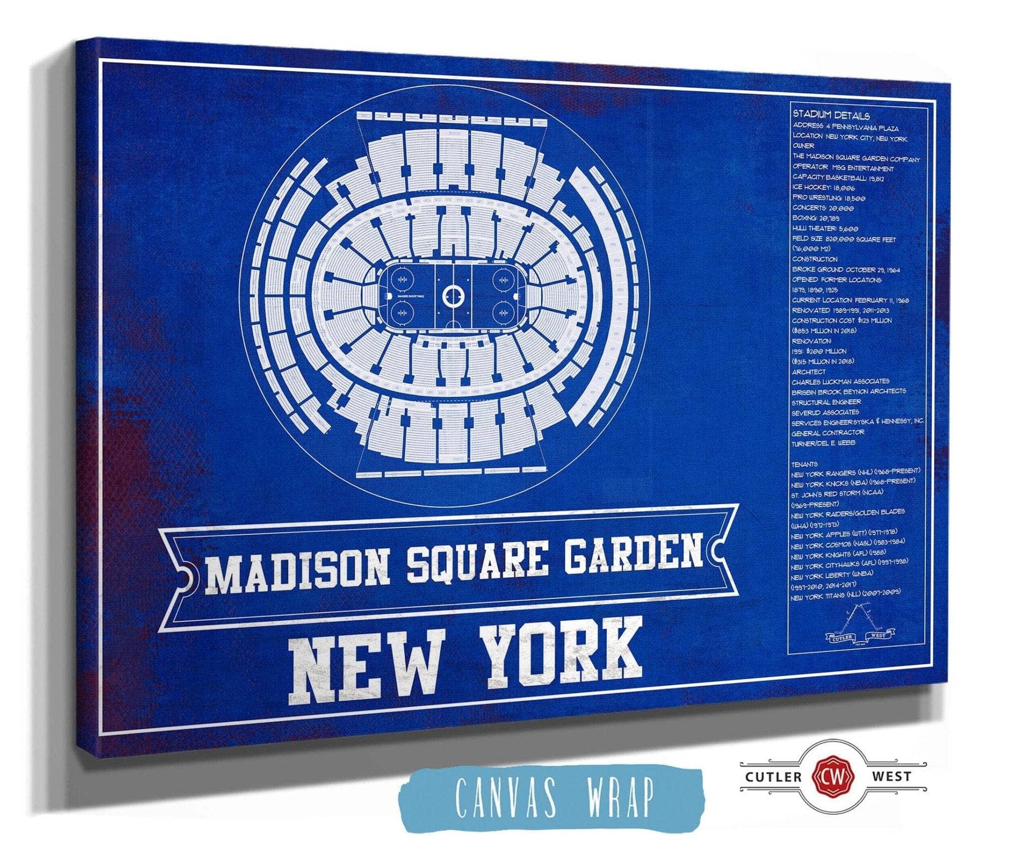 Cutler West 14" x 11" / Stretched Canvas Wrap New York Rangers Team Colors - Madison Square Garden Vintage Hockey Blueprint NHL Print 933350204_80593