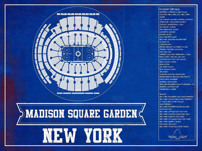 Cutler West 14" x 11" / Unframed New York Rangers Team Colors - Madison Square Garden Vintage Hockey Blueprint NHL Print 933350204_80588