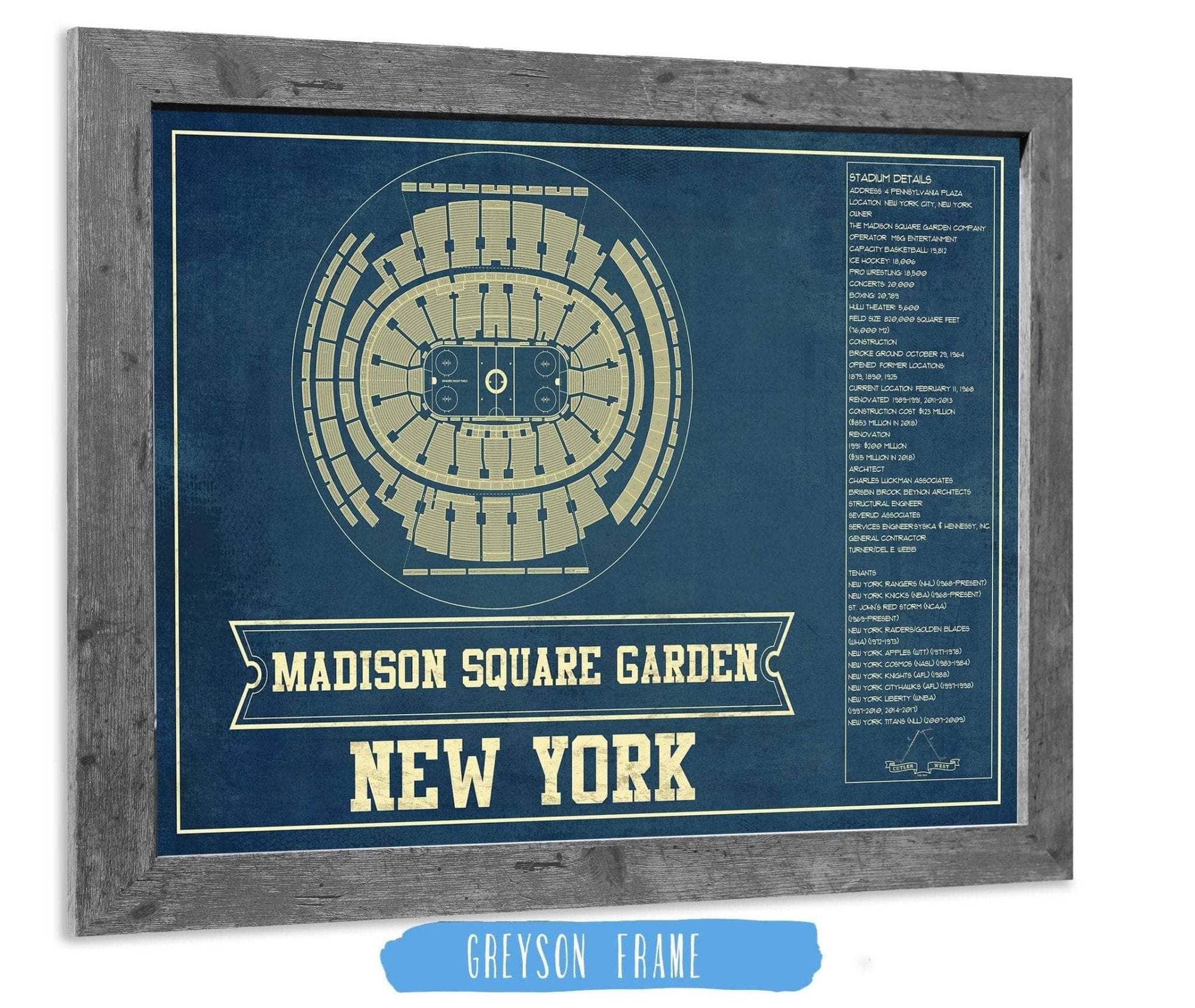 Cutler West 14" x 11" / Greyson Frame New York Rangers - Madison Square Garden Vintage Hockey Blueprint NHL Print 662058335-TOP
