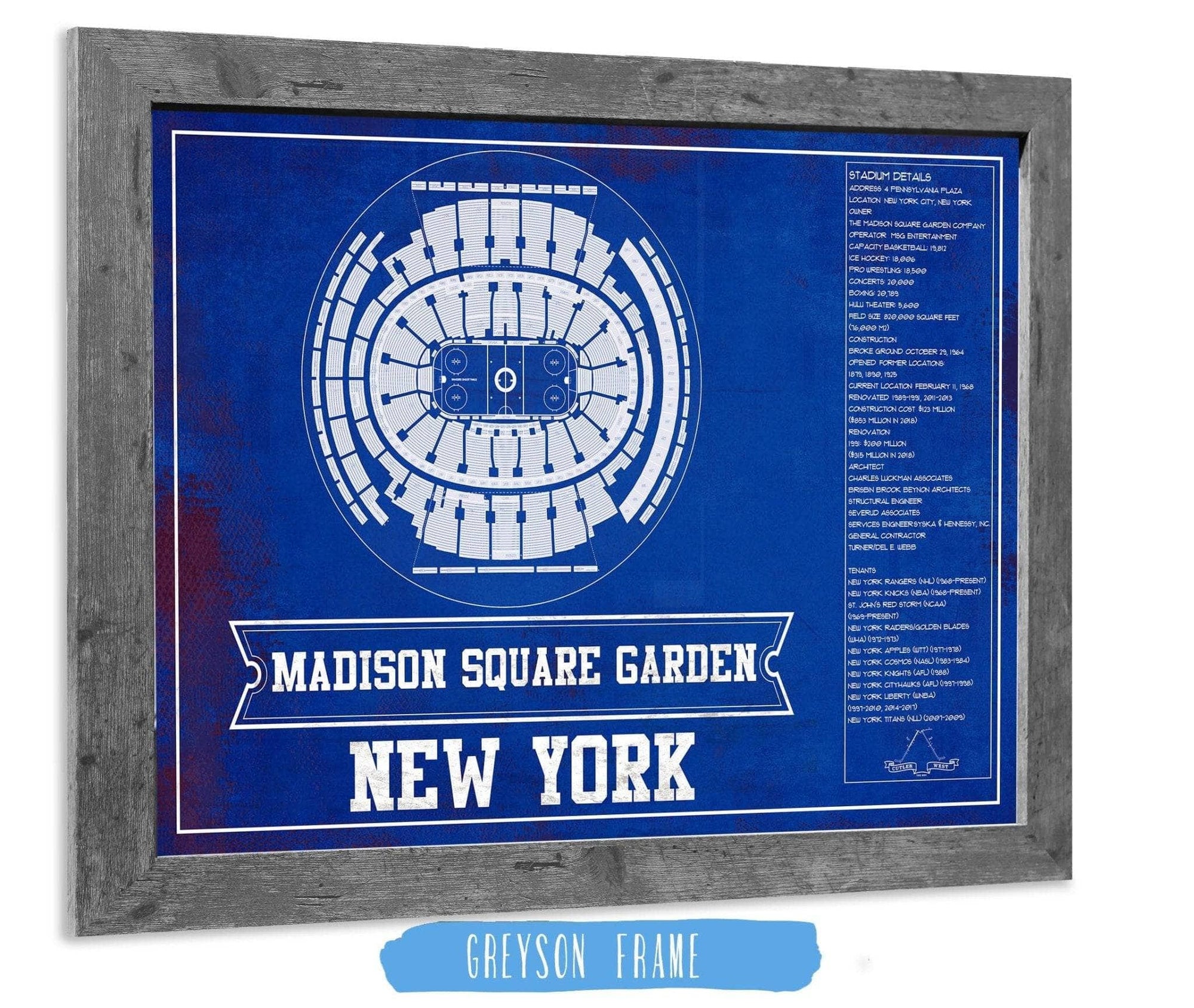 Cutler West 14" x 11" / Greyson Frame New York Rangers Team Colors - Madison Square Garden Vintage Hockey Blueprint NHL Print 933350204_80595