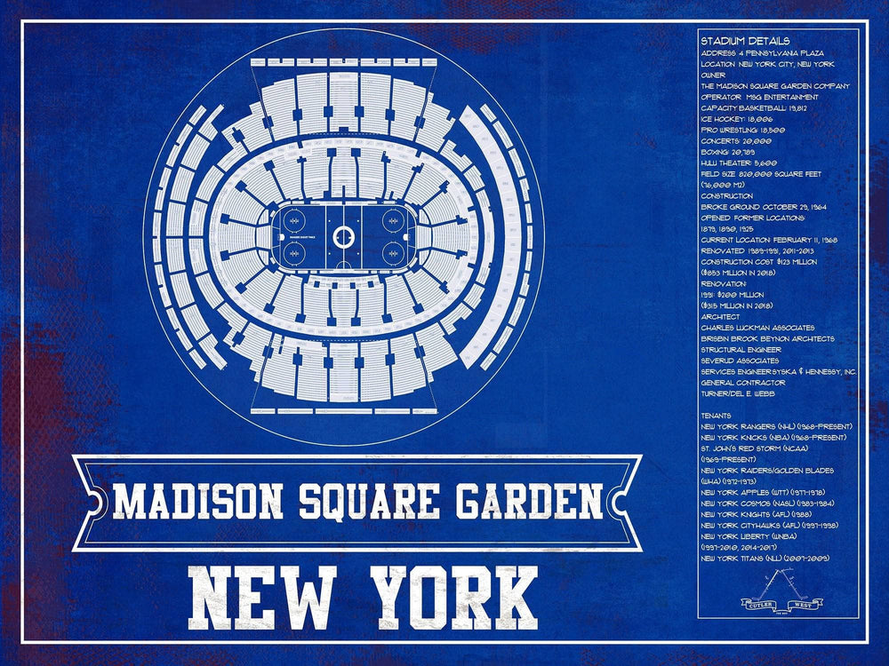 14" x 11" / Stretched Canvas Wrap Cutler West New York Rangers Team Colors - Madison Square Garden Vintage Hockey Blueprint NHL Print