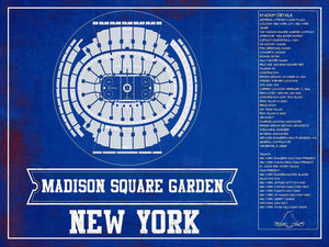 14" x 11" / Unframed Cutler West New York Rangers Team Colors - Madison Square Garden Vintage Hockey Blueprint NHL Print