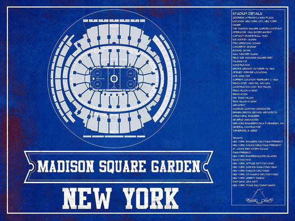 14" x 11" / Unframed Cutler West New York Rangers Team Colors - Madison Square Garden Vintage Hockey Blueprint NHL Print