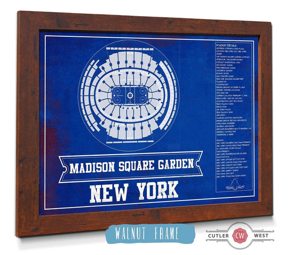 20" x 16" / Walnut Frame Cutler West New York Rangers Team Colors - Madison Square Garden Vintage Hockey Blueprint NHL Print