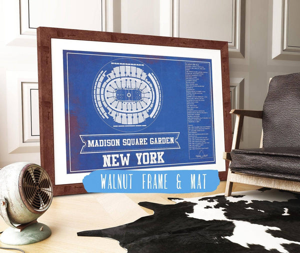 20" x 16" / Walnut Frame & Mat Cutler West New York Rangers Team Colors - Madison Square Garden Vintage Hockey Blueprint NHL Print