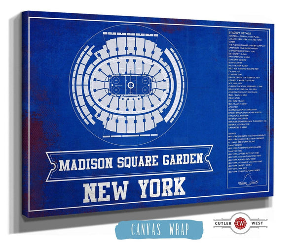 36" x 24" / 3 Panel Canvas Wrap Cutler West New York Rangers Team Colors - Madison Square Garden Vintage Hockey Blueprint NHL Print