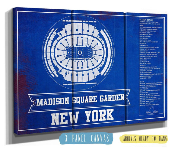 48" x 36" / 3 Panel Canvas Wrap Cutler West New York Rangers Team Colors - Madison Square Garden Vintage Hockey Blueprint NHL Print