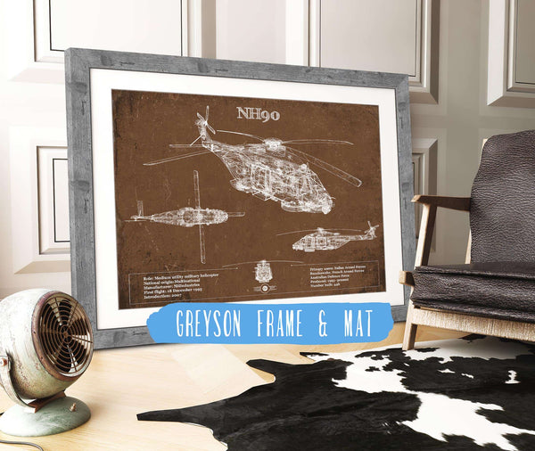 14" x 11" / Greyson Frame & Mat Cutler West NHIndustries NH90 Helicopter Vintage Aviation Blueprint Military Print