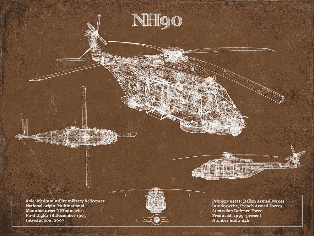 14" x 11" / Stretched Canvas Wrap Cutler West NHIndustries NH90 Helicopter Vintage Aviation Blueprint Military Print