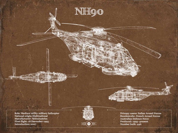 14" x 11" / Unframed Cutler West NHIndustries NH90 Helicopter Vintage Aviation Blueprint Military Print