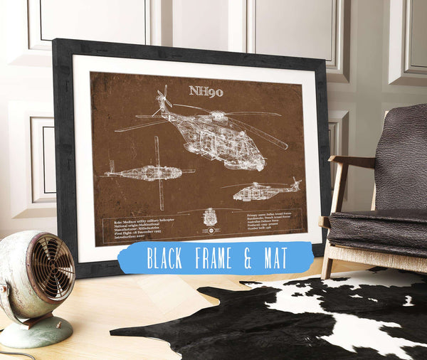 20" x 16" / Black Frame & Mat Cutler West NHIndustries NH90 Helicopter Vintage Aviation Blueprint Military Print