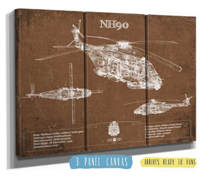 36" x 24" / 3 Panel Canvas Wrap Cutler West NHIndustries NH90 Helicopter Vintage Aviation Blueprint Military Print
